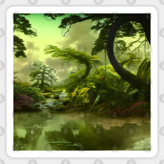 Digital Painting Scene Of a Realistic Jungle and Lake, Amazing Nature Sticker by Promen Art